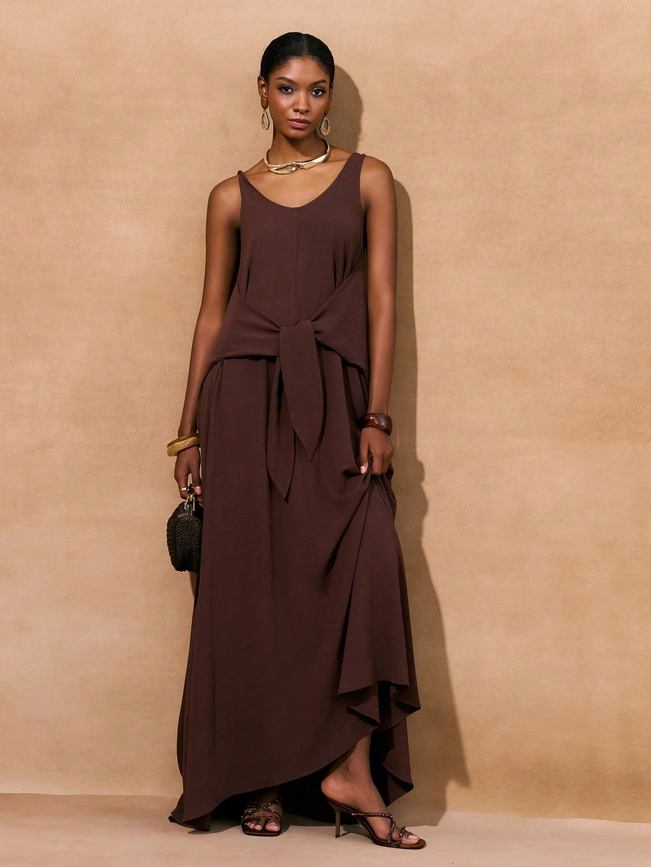 Draped Maxi Dress with Waist Tie – Fluid Chocolate Brown Silhouette – Delilah Shop