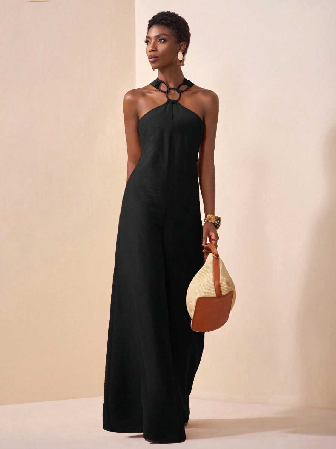 Halter Ring Wide-Leg Jumpsuit in Fluid Silhouette