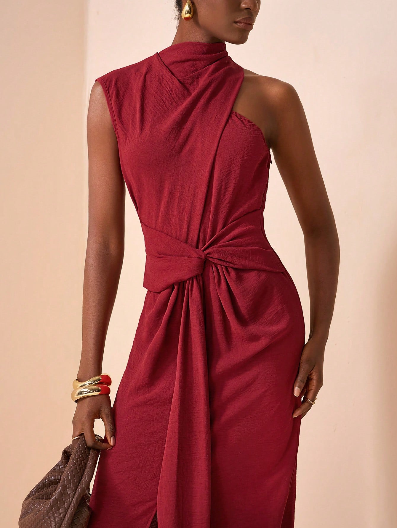 Draped Asymmetric Midi Dress – Sculpted Silhouette in Deep Burgundy – Delilah Shop