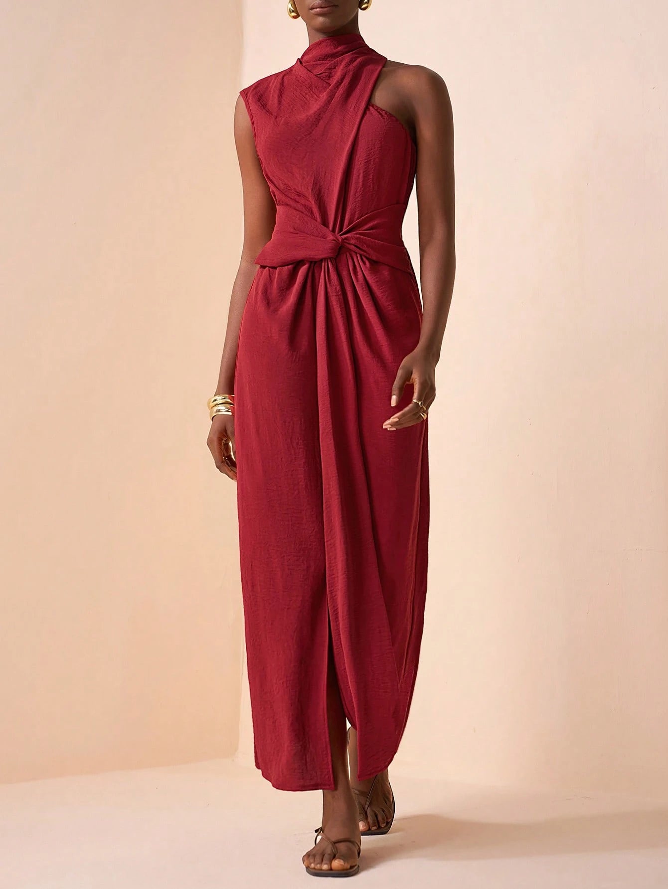 Draped Asymmetric Midi Dress – Sculpted Silhouette in Deep Burgundy – Delilah Shop