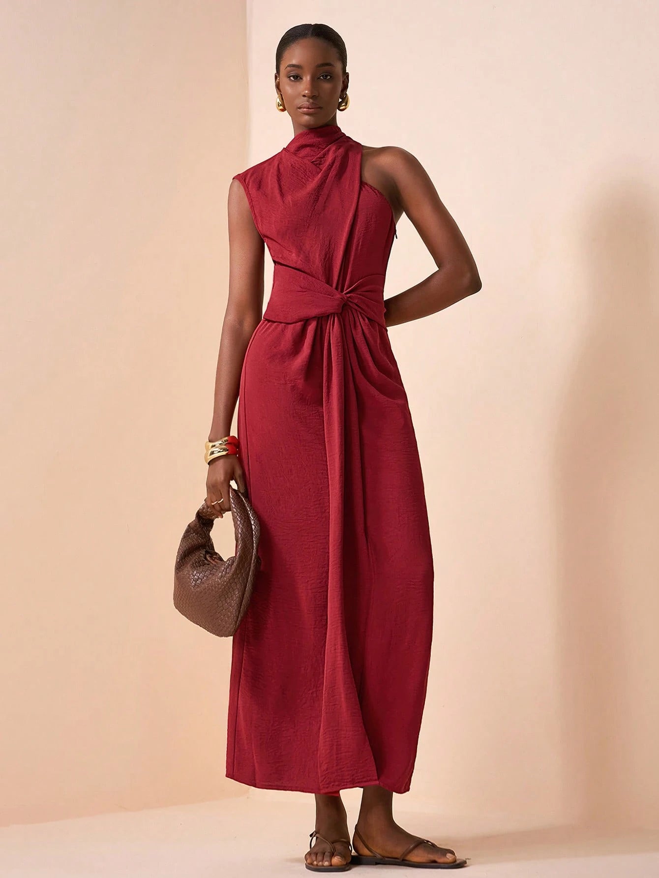 Draped Asymmetric Midi Dress – Sculpted Silhouette in Deep Burgundy – Delilah Shop
