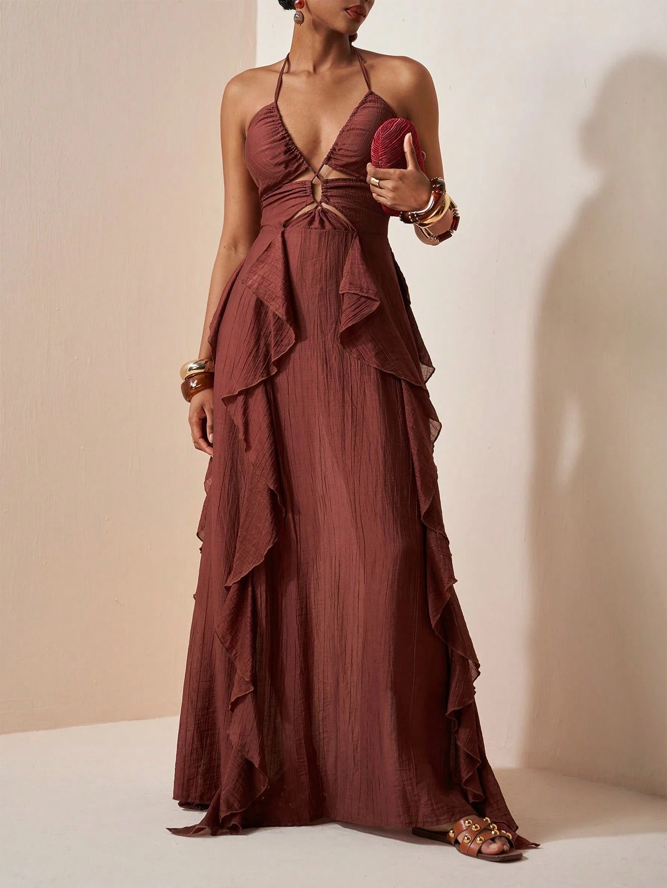 Solara Cocoa Draped Maxi Dress – Elegant Resort Halter Dress with Ruffle Details
