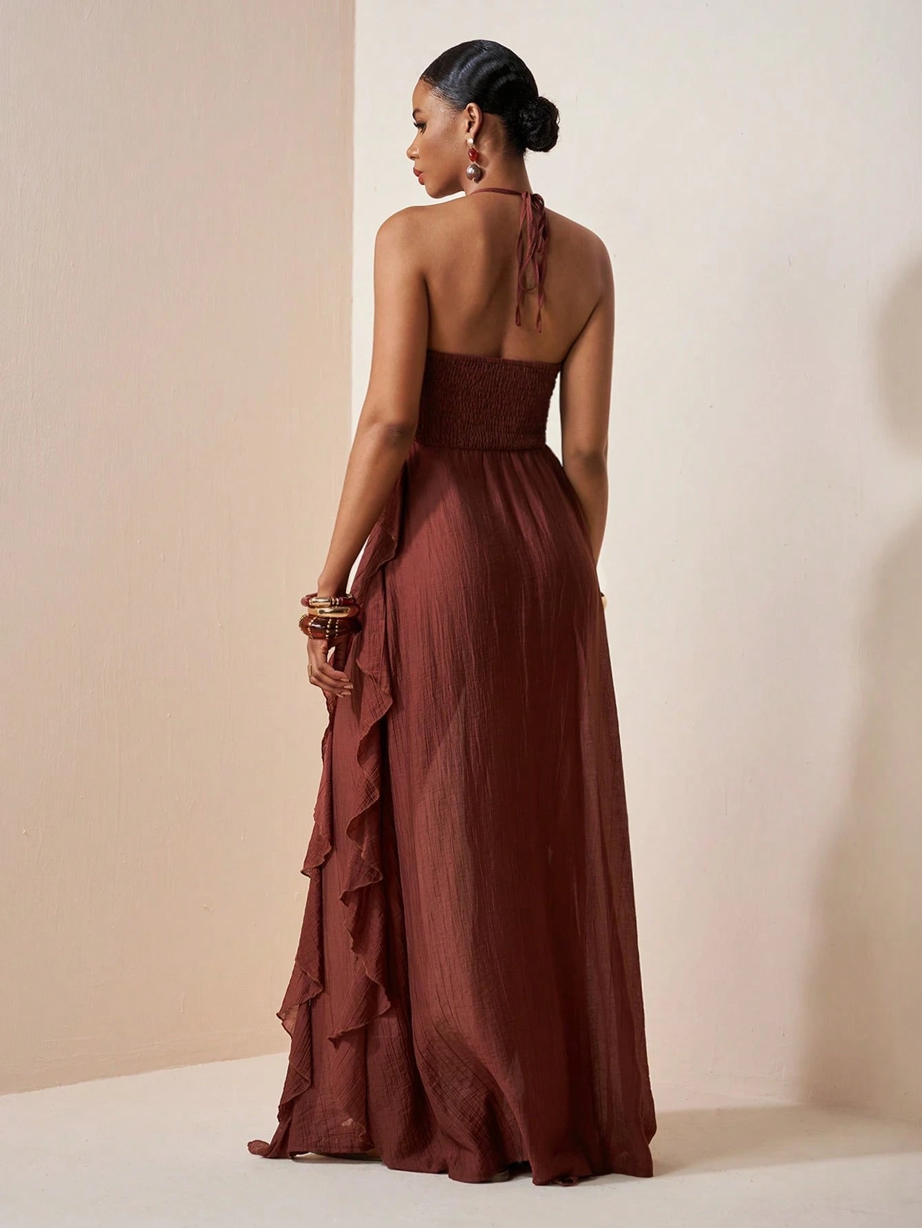Solara Cocoa Draped Maxi Dress – Elegant Resort Halter Dress with Ruffle Details