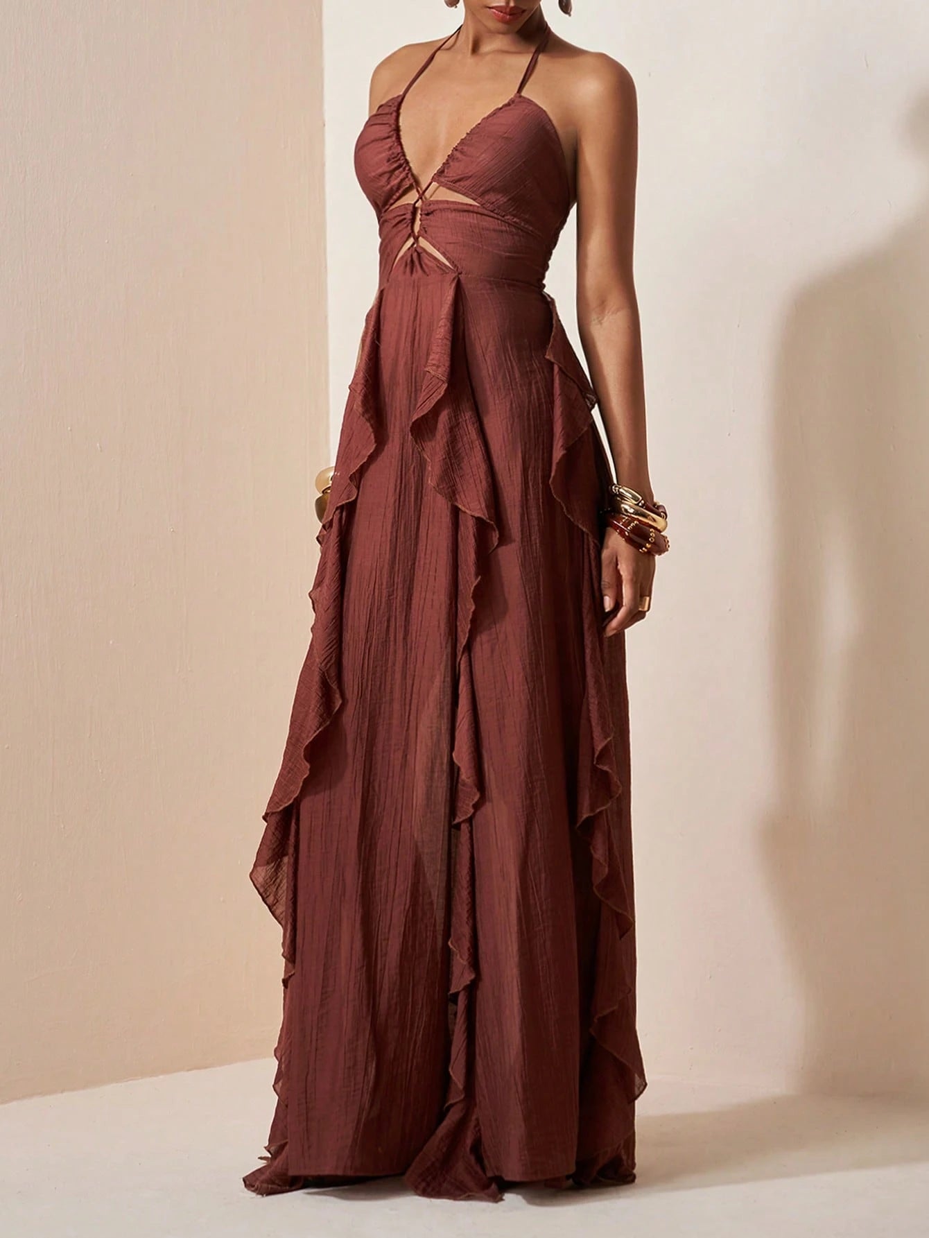 Solara Cocoa Draped Maxi Dress – Elegant Resort Halter Dress with Ruffle Details