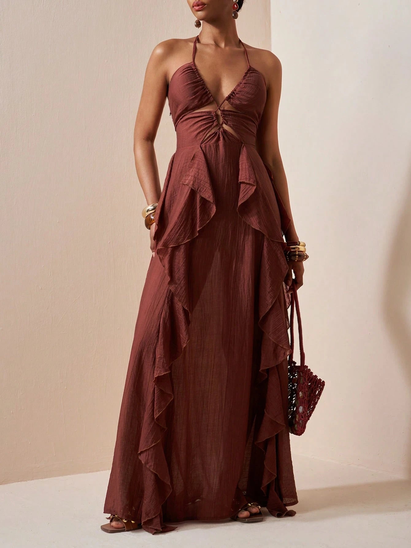 Solara Cocoa Draped Maxi Dress – Elegant Resort Halter Dress with Ruffle Details