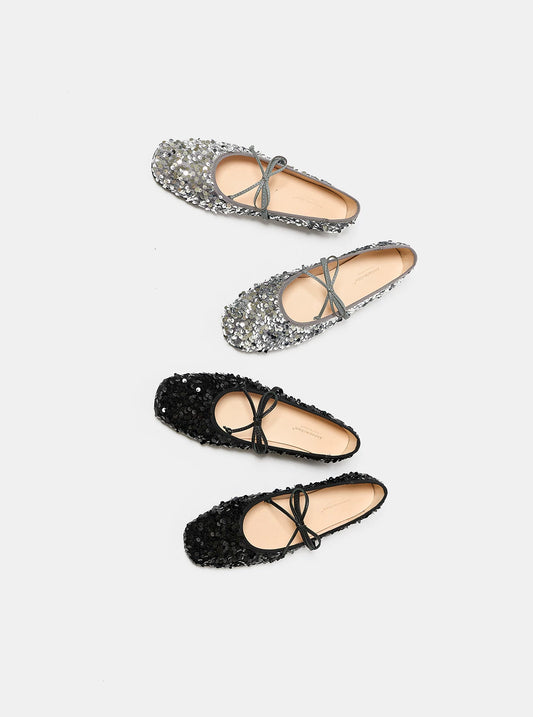 Silver Sequin Ballet Flats, Mary Jane Bow Strap Low Heel