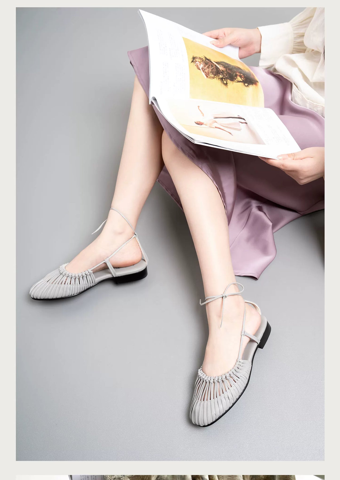 Chiaroscuro Toga Woven Cutout Genuine Leather Gladiator Sandals, Flat Tie Straps
