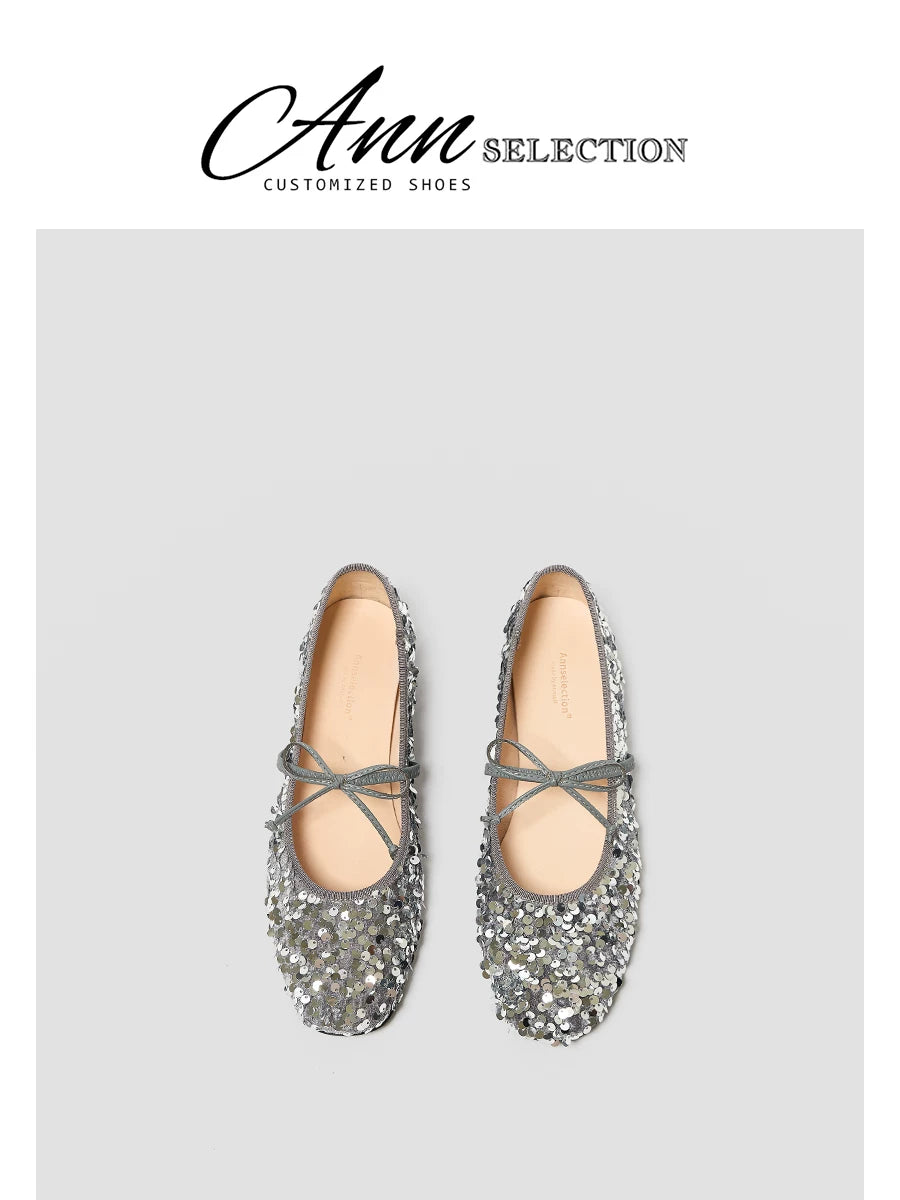Silver Sequin Ballet Flats, Mary Jane Bow Strap Low Heel