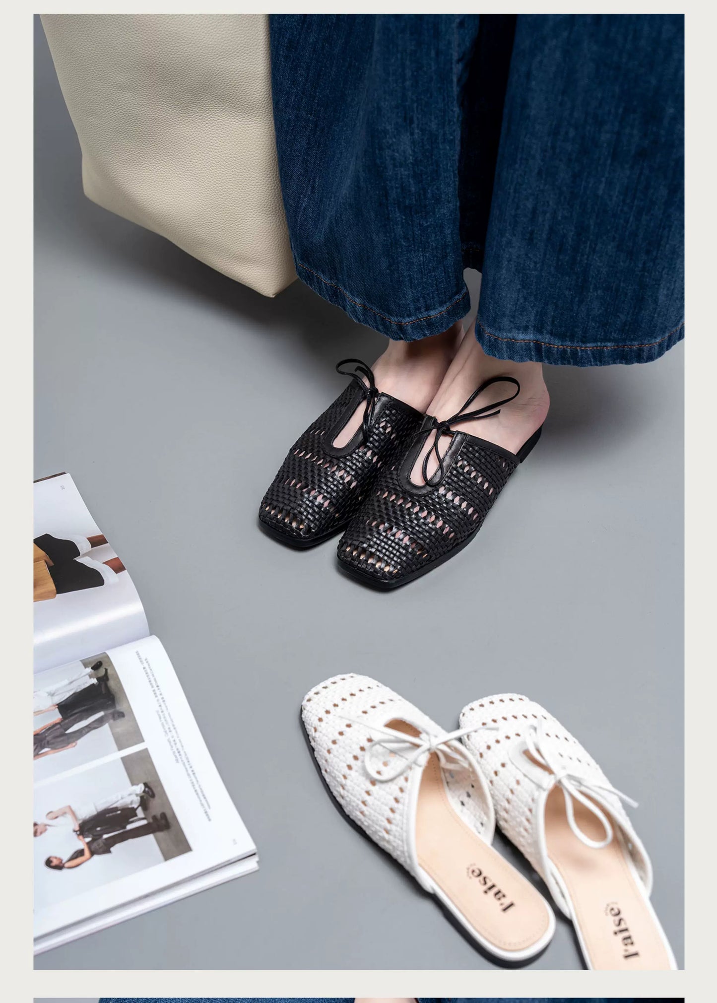 Vintage Knit Slip-On Mules — Flat Peep Toe Casual Shoes for Women