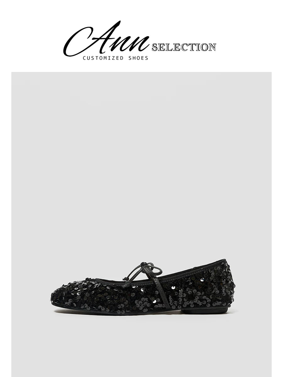 Silver Sequin Ballet Flats, Mary Jane Bow Strap Low Heel