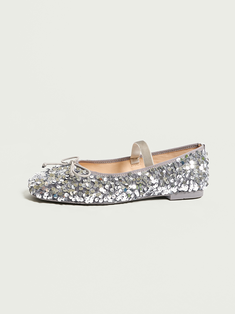 Silver Sequin Ballet Flats, Mary Jane Bow Strap Low Heel