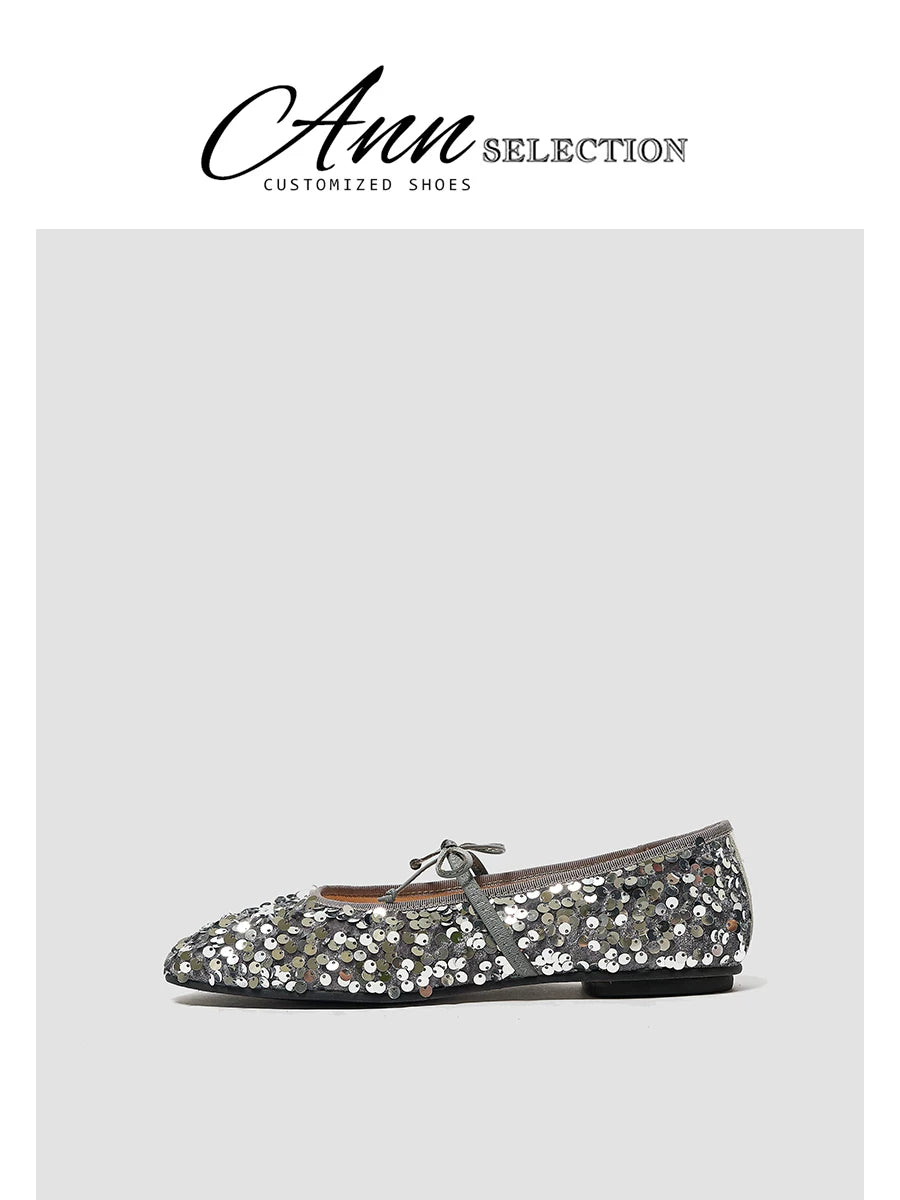 Silver Sequin Ballet Flats, Mary Jane Bow Strap Low Heel