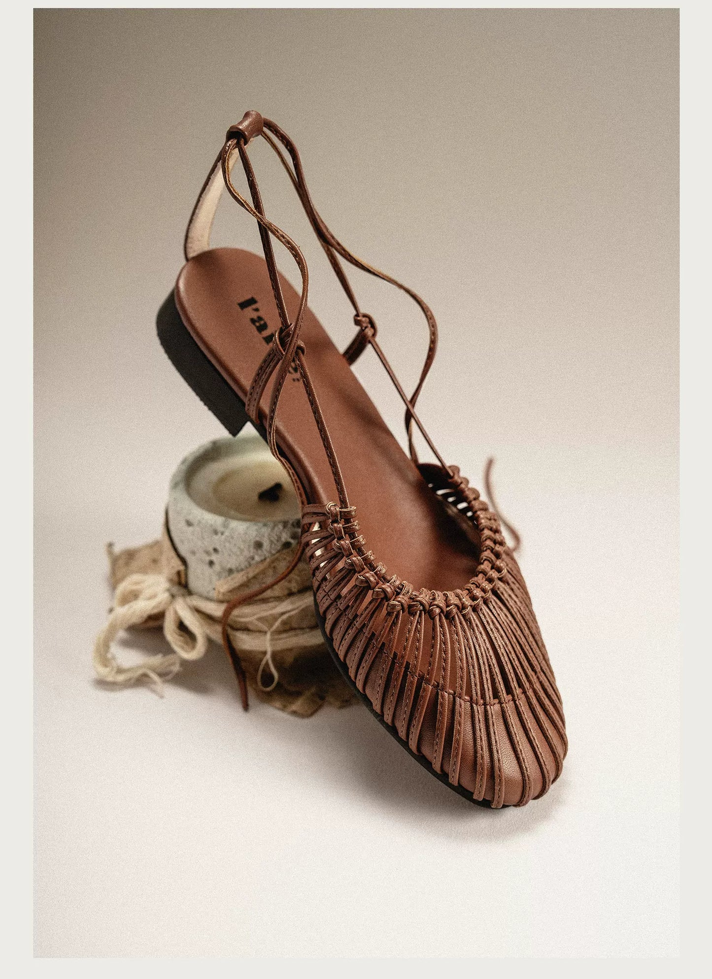 Chiaroscuro Toga Woven Cutout Genuine Leather Gladiator Sandals, Flat Tie Straps