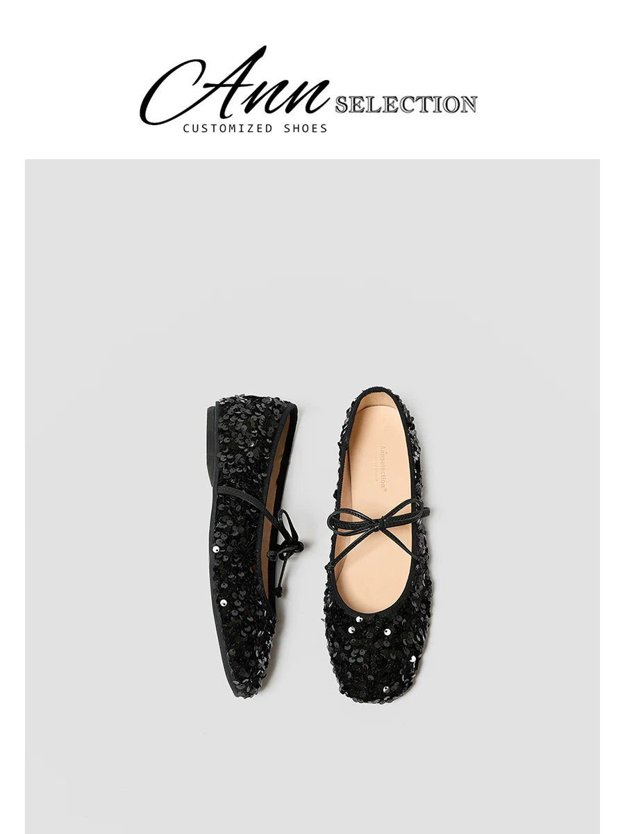 Silver Sequin Ballet Flats, Mary Jane Bow Strap Low Heel