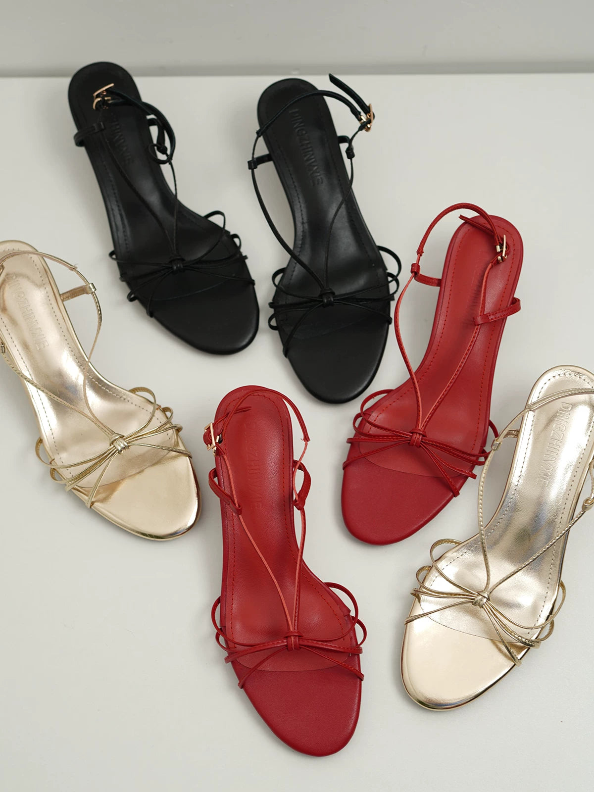 French Kitty-Chic Toe-Loop Sandals, Genuine Leather, Block Heel