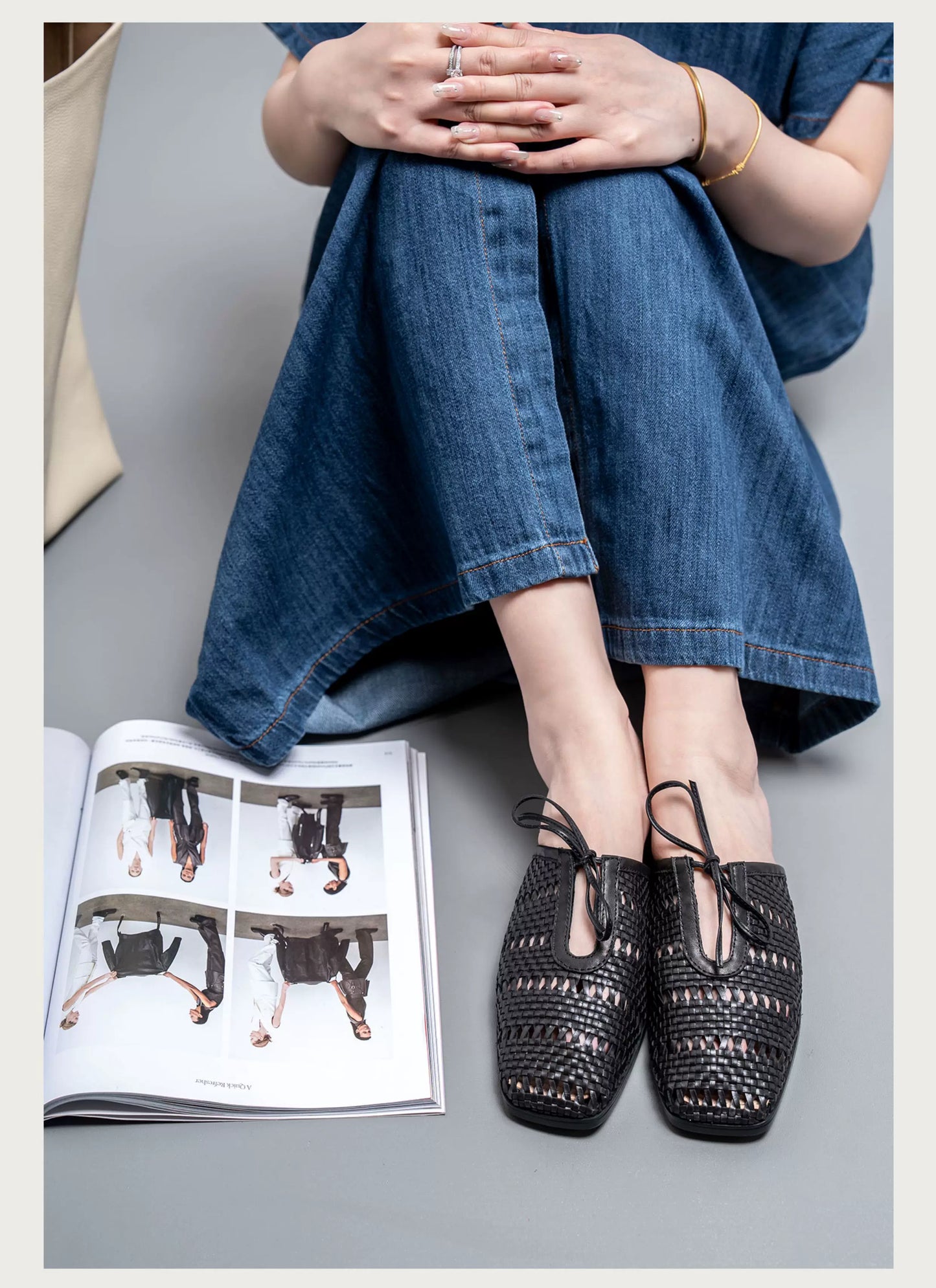 Vintage Knit Slip-On Mules — Flat Peep Toe Casual Shoes for Women