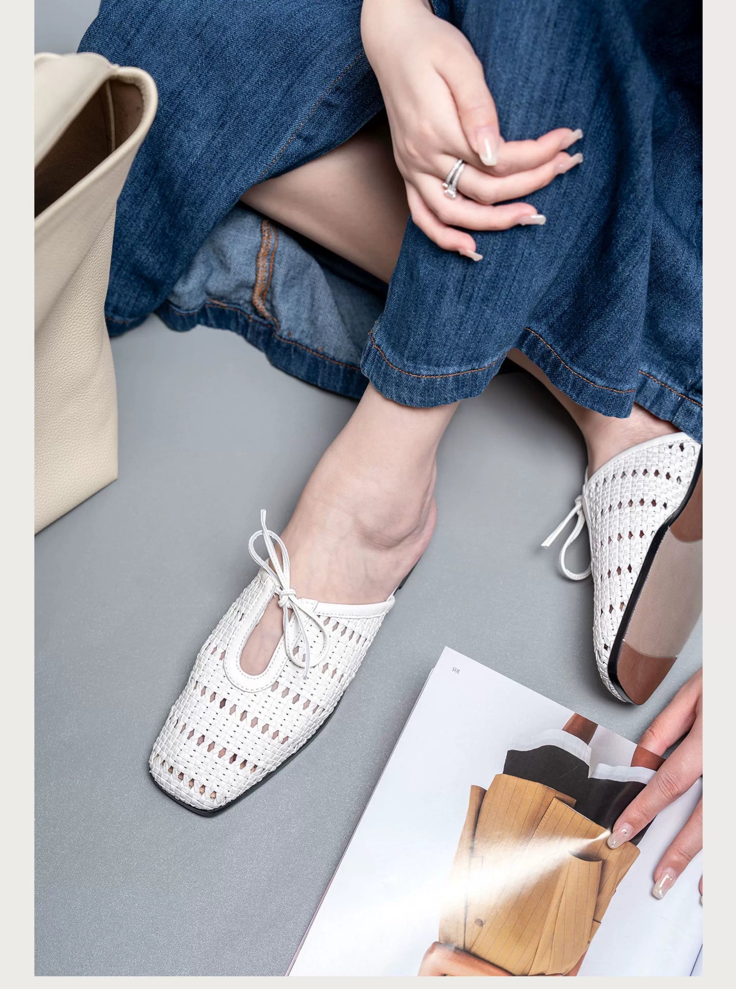Vintage Knit Slip-On Mules — Flat Peep Toe Casual Shoes for Women